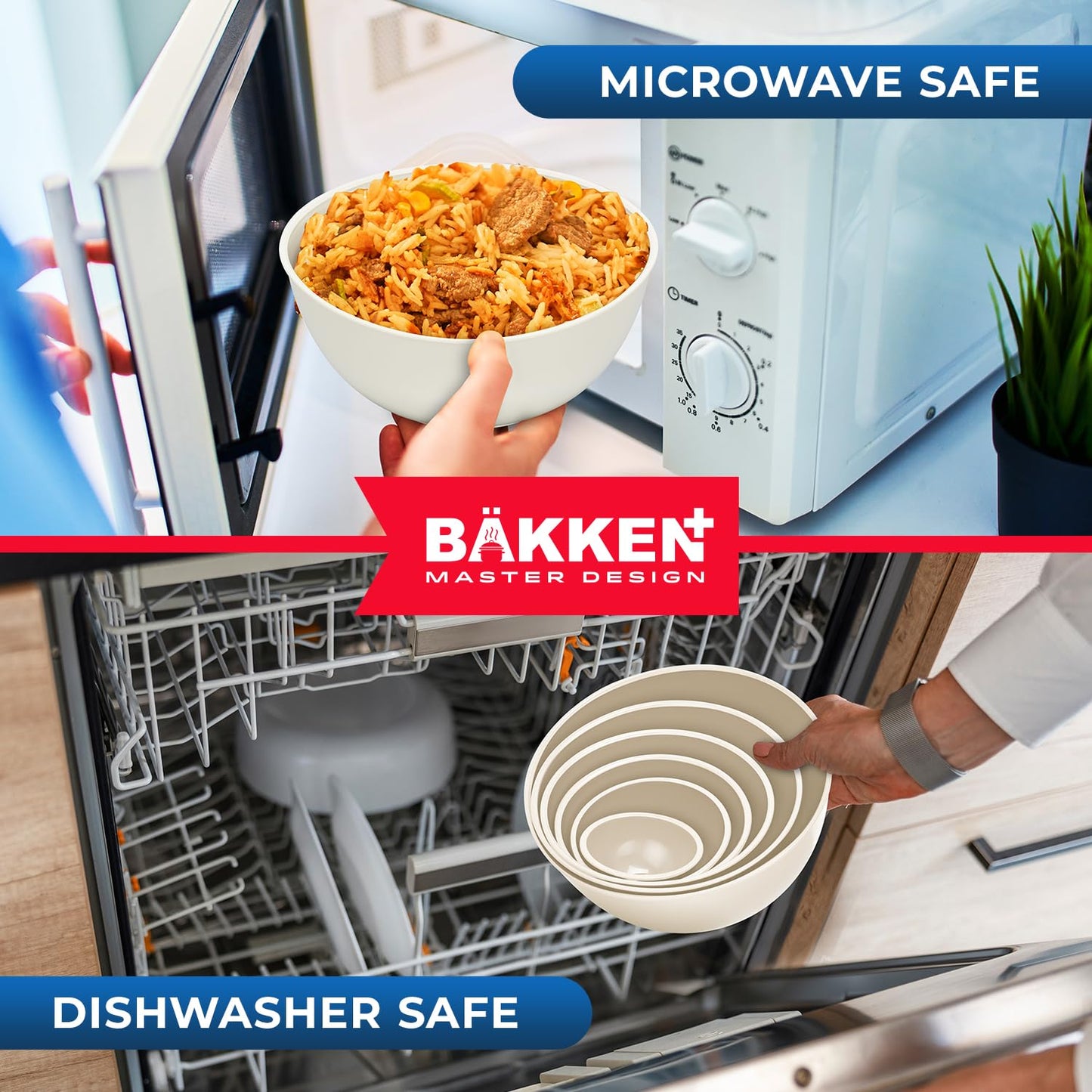 Bakken Master 12 Piece Plastic Nesting Bowls with Lids - Mixing Bowls Set includes 6 Prep Bowls and 6 Lids, BPA-Free, Reusable Meal Prep Containers, Microwave, Freezer & Dishwasher Safe, White Cream
