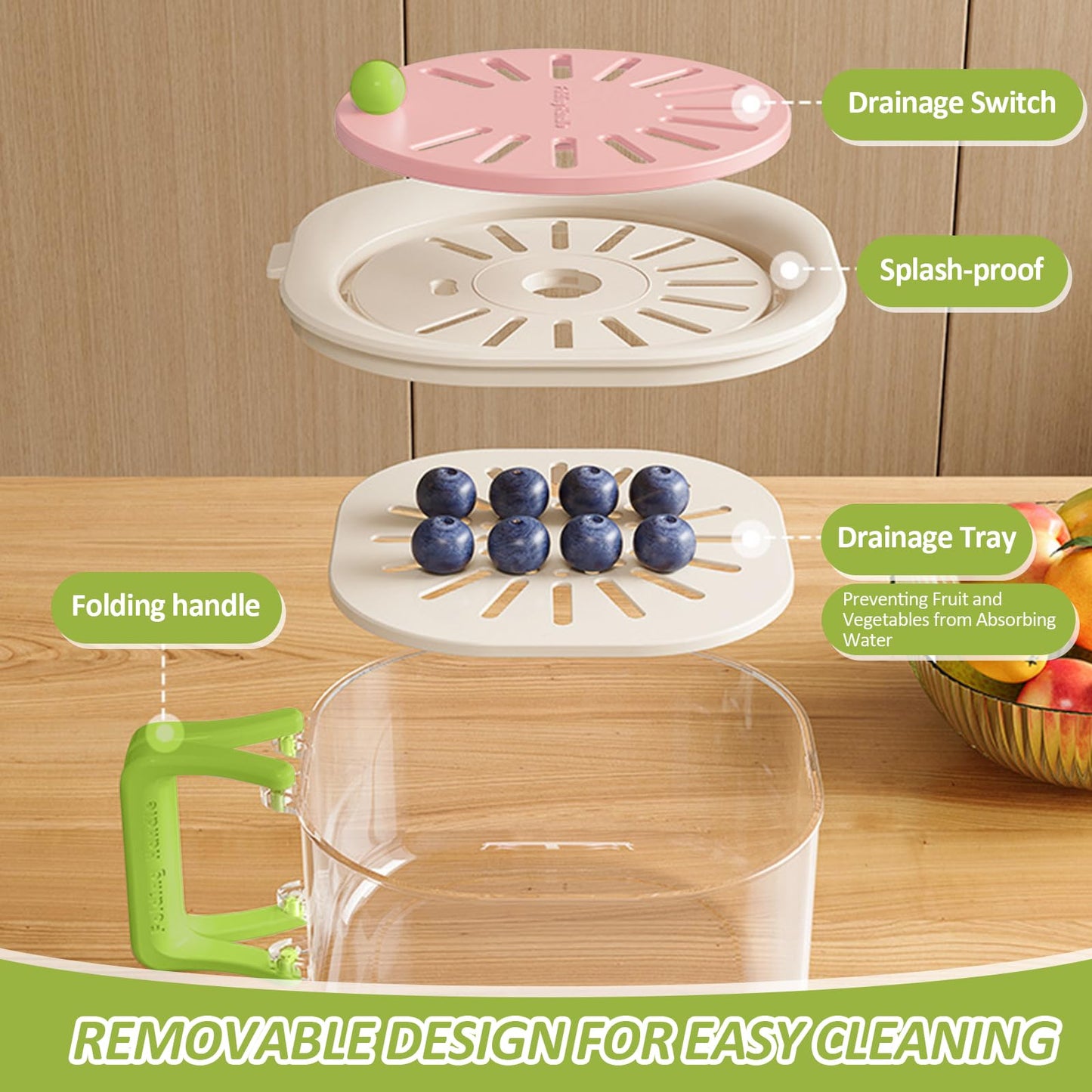 Fruit Vegetable Washing Bowl with Strainer - Multifunctional Berry Container, Produce Washer & Draining Colander Basket with Lid for Fridge Storage