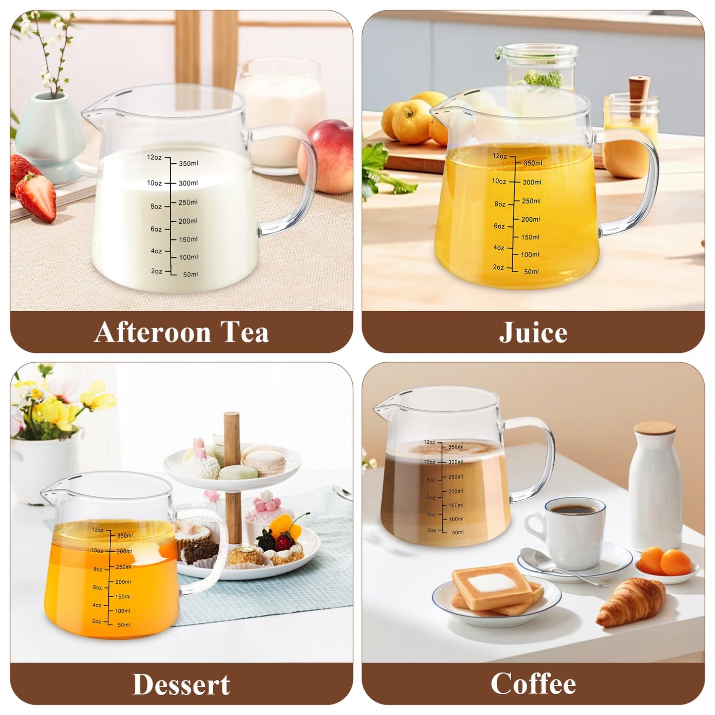 Milkary 4 Pack 12oz Coffee Measuring Glass Cups, Heat Resistant Espresso Shot Pitcher Glass Cup, Microwave & Dishwasher Safe Milk Frothing Pitcher Creamer Container