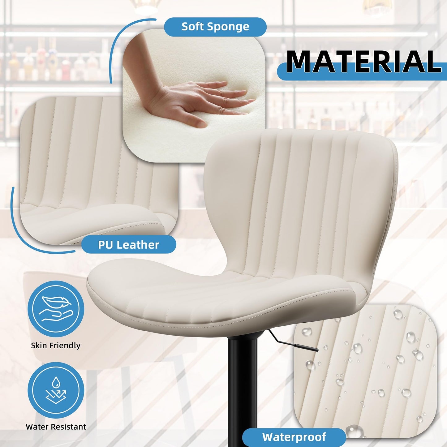 Shintenchi Bar Stools Set of 6 Modern Swivel Bar Chairs, Counter Height Faux Leather Metal Barstools, Upholstered Island Chairs with Back and Footrest, Beige