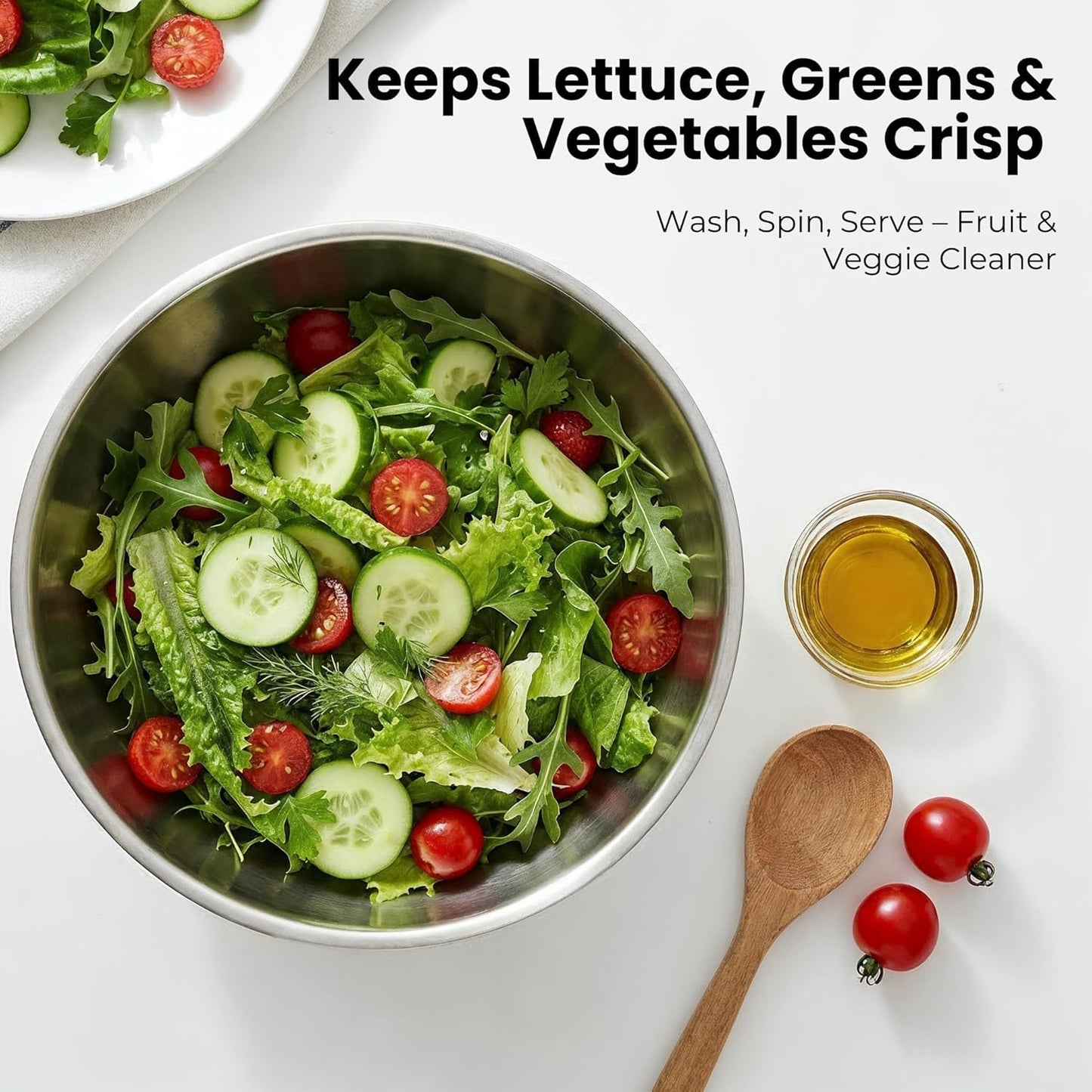 Tarkeen Stainless Steel Salad Spinner Large, BPA-Free Lettuce Spinner, 3-in-1 Salad Bowl & Fruit Cleaner with Non-Slip Base, Dishwasher Safe, 5 Blade Slicer & Egg Yolk Separator, 5.3Qt