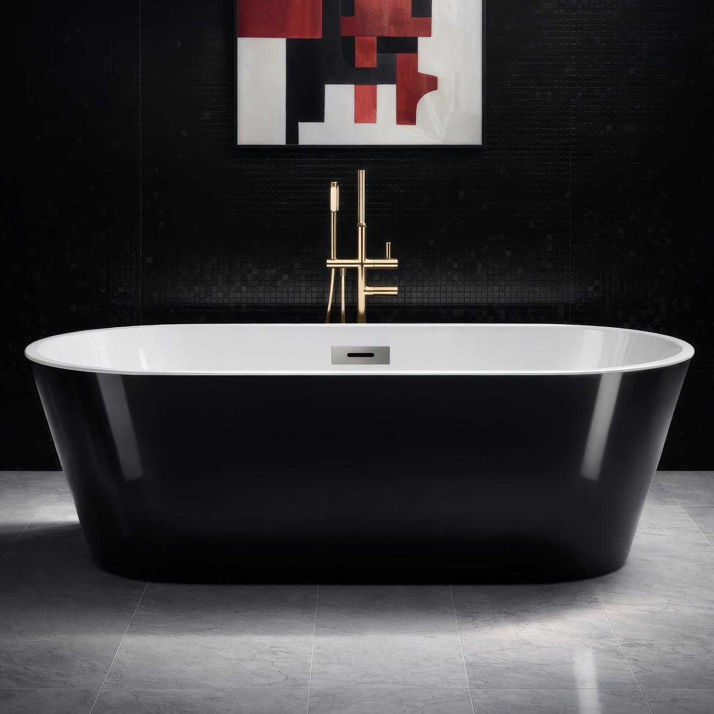 59" Free Standing Tub, Acrylic Soaking Bathtub, Stand Alone Freestanding Tub with Matte Sliver Drain and Overflow, Contemporary Bathtub for Bathroom, Black