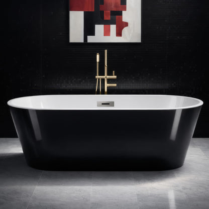 59" Free Standing Tub, Acrylic Soaking Bathtub, Stand Alone Freestanding Tub with Matte Sliver Drain and Overflow, Contemporary Bathtub for Bathroom, Black