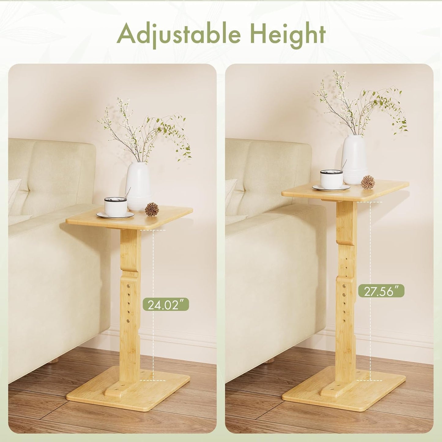 Amazer Bamboo TV Tray Table, Height Adjustable Side Table for Small Spaces, Snack Table for Couch, Bed, Chair, Sofa
