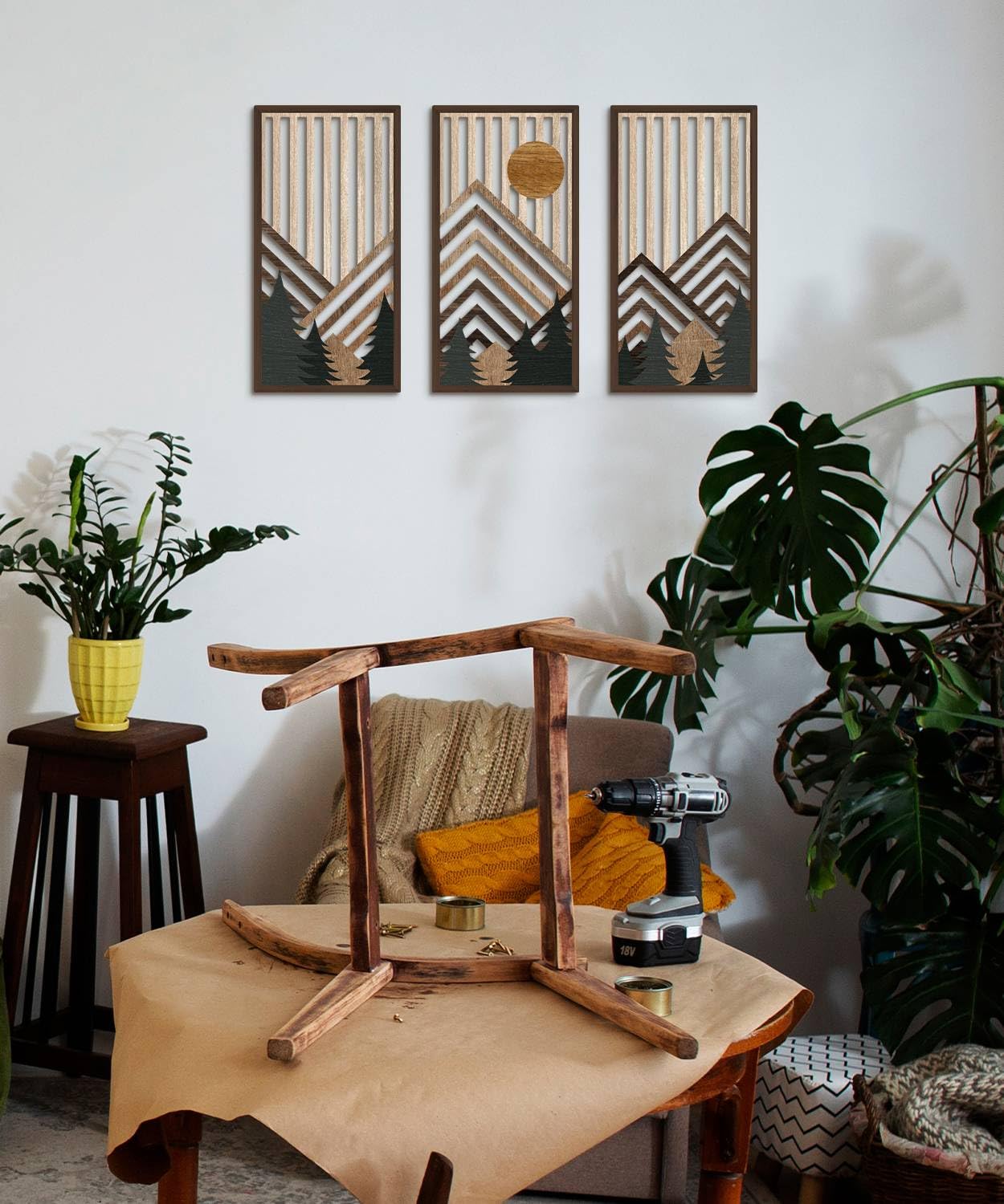 Putuo Decor Boho Mountain Wall Art Set of 3, Rustic Wooden Wall Decor, Nature-Inspired Geometric Artwork, Mid-Century Modern Aesthetic for Living Room, Bedroom, Office Brown 16.5 x 8.6 inch