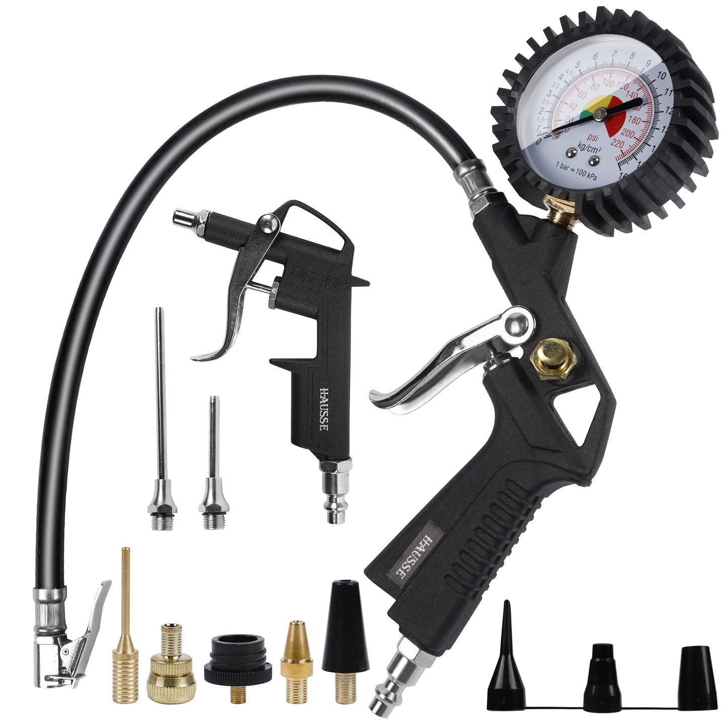 Hausse Heavy Duty Air Compressor Accessory Kit, Air Blow Gun and Air Hose Fittings, 1/4" NPT Air Tool Kit with 100 PSI Tire Inflator Gauge
