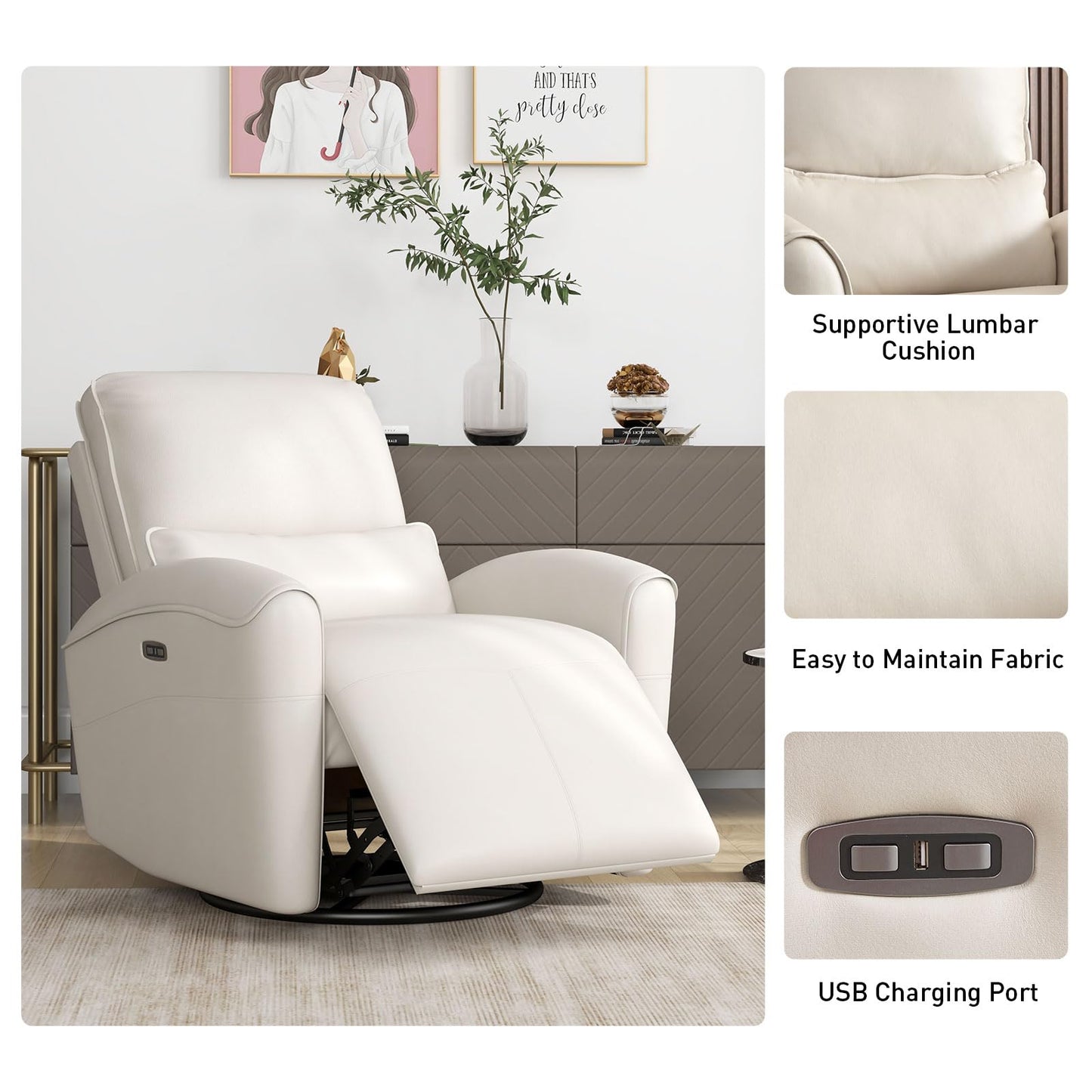 Bonzy Home Power Swivel Rocker Recliner Chair with USB Port, 23.2" Wide Seat, Fixed Lumbar Support, Upholstered Glider Chair for Nursery Living Room, Beige