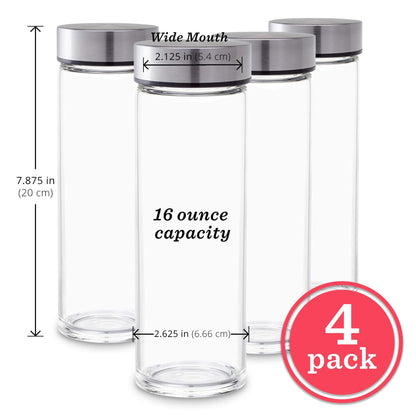 Juice Bottles - 4 Pack Wide Mouth Glass Bottles with Lids - for Juicing, Smoothies, Infused Water, Beverage Storage - 16oz, BPA Free, Stainless Steel Lids, Leakproof, Reusable, Borosilicate
