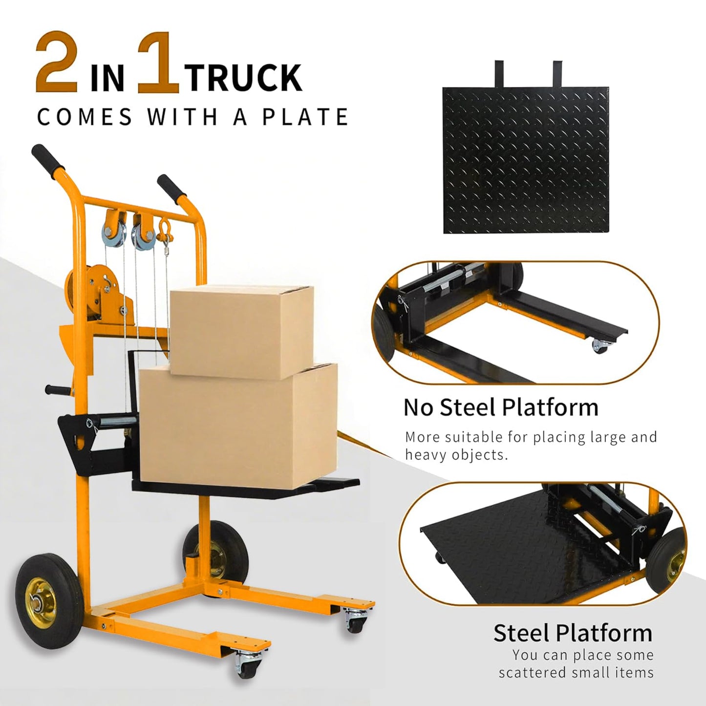 Tory Carrier Winch Stacker Material Lift Dolly, Pallet Truck Dolly 330 lbs, 40.5" Max Lift with Swivel Casters and 8.8" Rear Wheels, Pallet Stacker Pallet Jack with Steel Plate(Yellow)