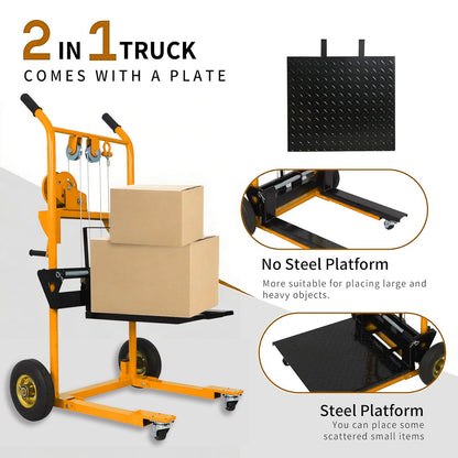 Tory Carrier Winch Stacker Material Lift Dolly, Pallet Truck Dolly 330 lbs, 40.5" Max Lift with Swivel Casters and 8.8" Rear Wheels, Pallet Stacker Pallet Jack with Steel Plate(Yellow)