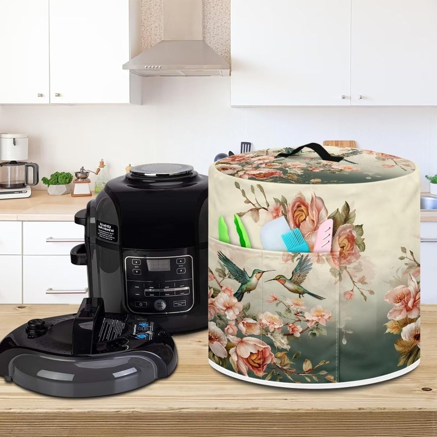 Hummingbird Floral Pressure Cooker Cover with Pocket, Dustproof Kitchen Decoration for Rice Cooker