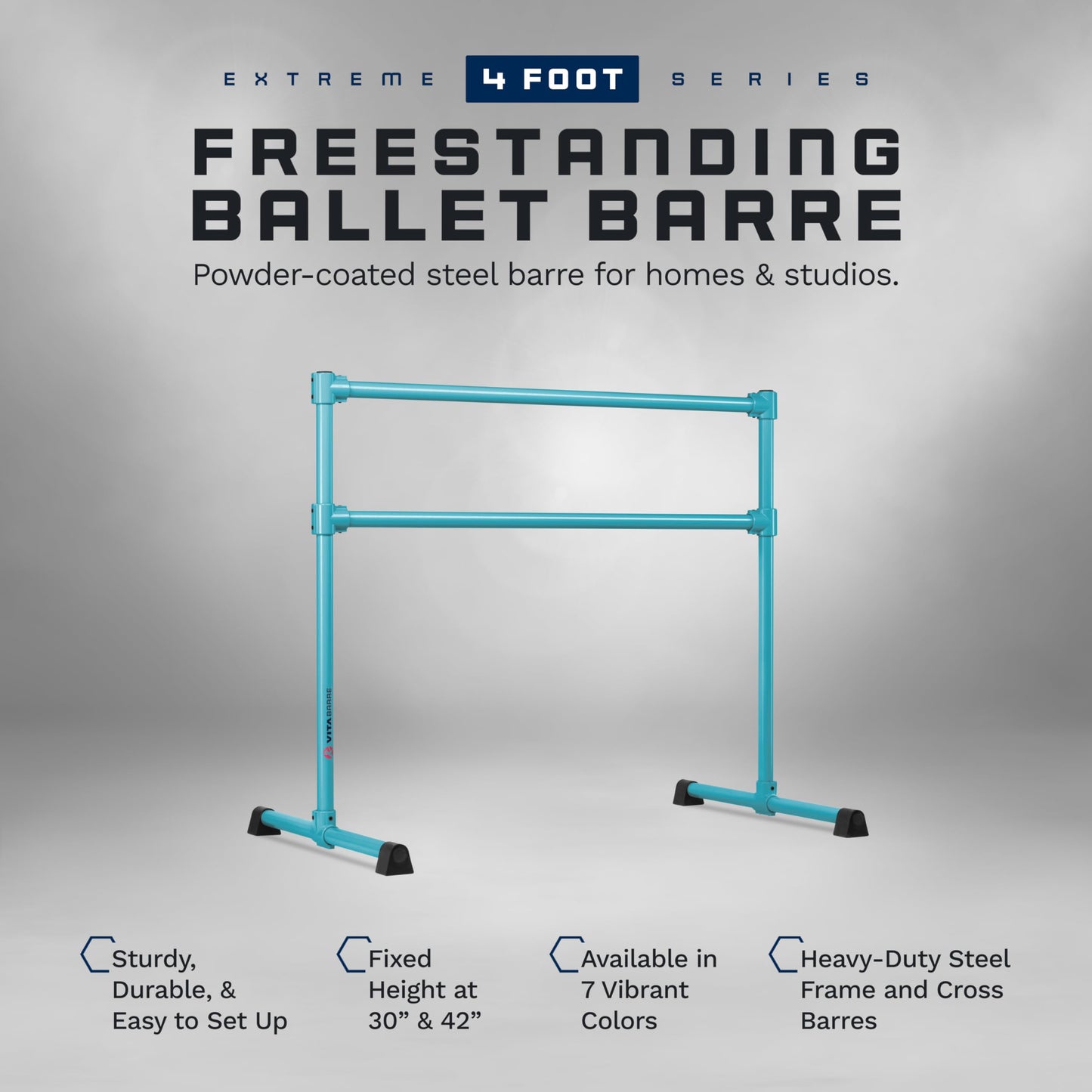 VITA Barre Portable Freestanding Double Ballet Barre, Extreme, 4 Ft Bars, Teal, Steel | Fixed Height, Made in USA, Home or Gym Exercise Equipment for Kids & Adults | Dance, Fitness, Pilates