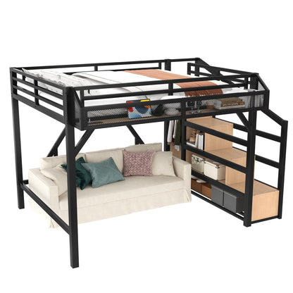 KEIKI Queen Size Loft Bed with Storage Stairs for Adults, Heavy Duty Bunk Beds with Shelves, Wardrobe, Metal Bedframe with USB Ports for Bedroom, Natural