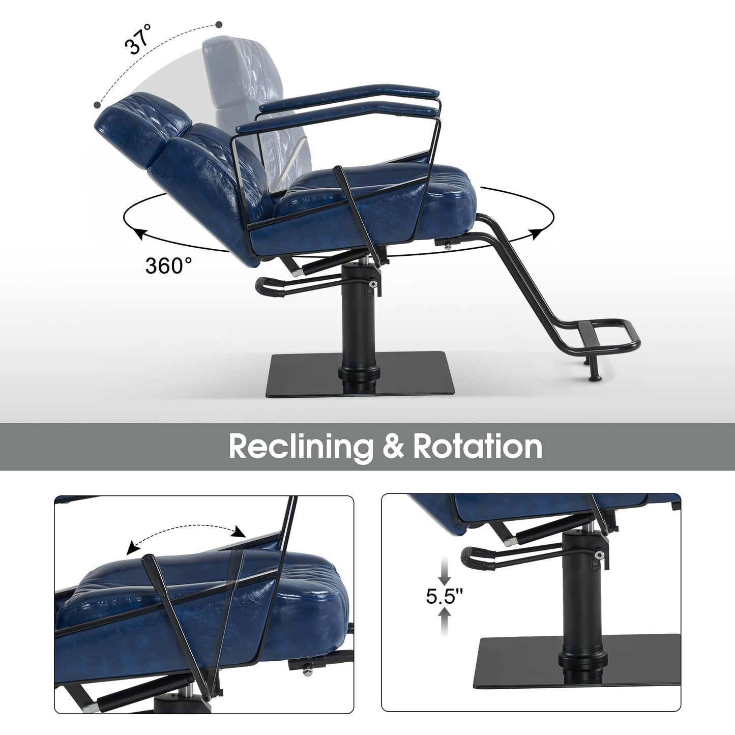 BarberPub Classic Barber Chair, 440Lbs Hydraulic Pump Manual Recliner Salon Chair for Hair Stylist, Home&Beauty Salon, Barbershop, Salon&Spa Equipment 3068 (Blue)