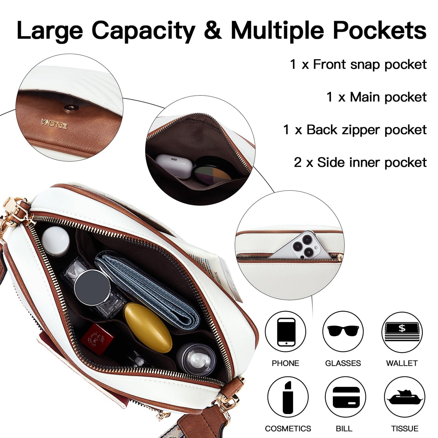 Telena Small Crossbody Bags For Women Vegan Leather Crossbody Purse With Adjustable Wide Strap For Daily Life