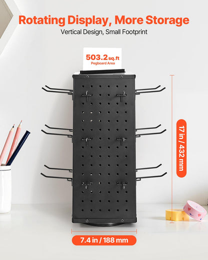 VEVOR Rotating Pegboard Display Stand, 7.4 x 7.4 x 17 in 4-Sided Spinning Peg Board Display with 24 Hooks, Thickened Cold-Rolled Steel Craft Rack Organizer for Grocery Retail Store Jewelry Shop, Black