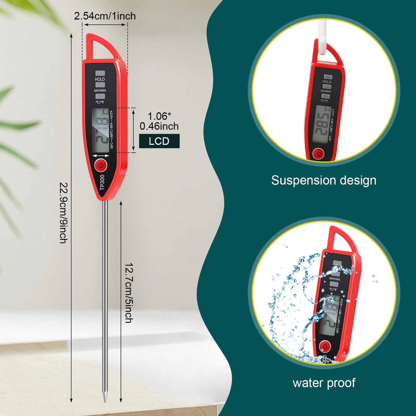 6 Pcs Instant Read Meat Thermometer with Long Probe 9.65 Inch Kitchen Cooking Food Candy Waterproof Digital Thermometer for BBQ Water Milk Yogurt Liquid (Round&Square Ring,Black,White,Red)