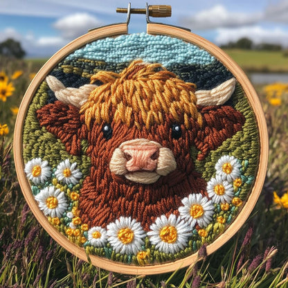 Punch Needle Kits Cute Baby Orange Highland Cow in Daisy Flowers Easy for Beginners DIY Punch Needle Yarn Starter Embroidery Set for Craft Lovers with Printed Pattern and Hoop for Home Decor 20x20cm