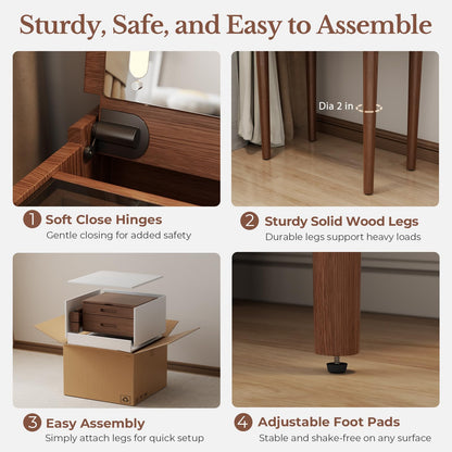 Muwuele Solid Wood Small Vanity Desk with Mirror and Lights, Narrow Makeup Vanity for Small Space, Flip Top Vanity Side Table, 3 Color Modes & Adjustable Brightness, 19.6" Slim Dressing Table, Walnut