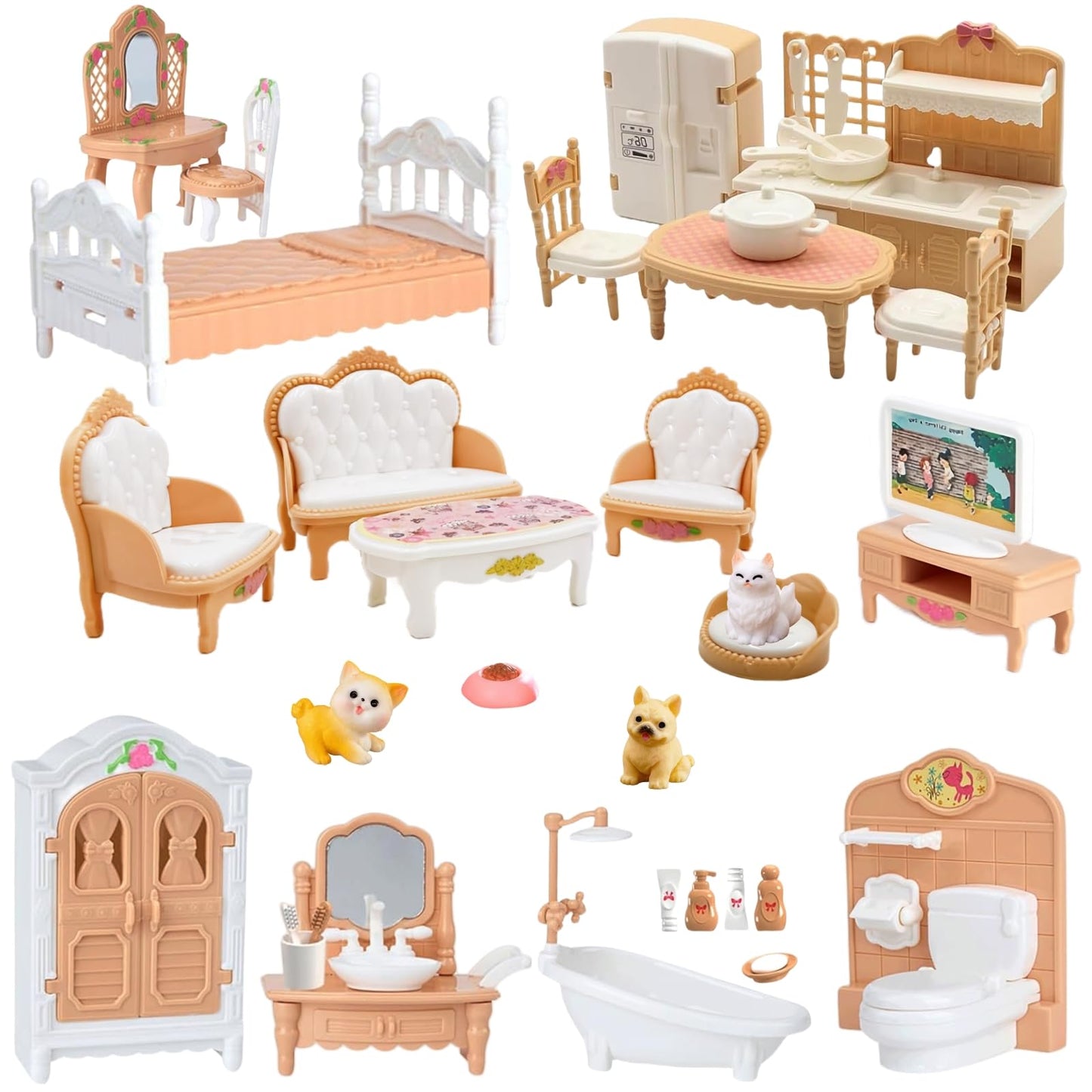 36Pcs Dollhouse Furniture Set,Miniature 1:12 Scale Dolls House Accessories with Cat,Dog,Kitchen, Dining Room, Living Room,Bedroom for Playhouse Toy(Beige)