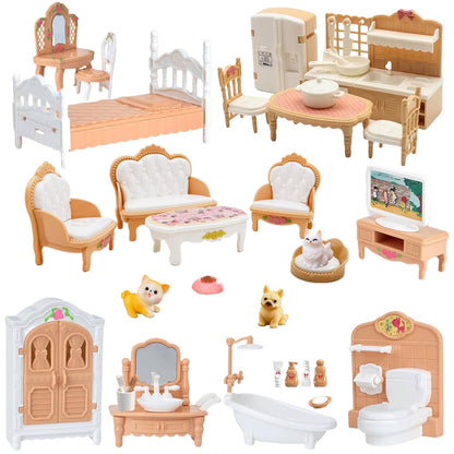 36Pcs Dollhouse Furniture Set,Miniature 1:12 Scale Dolls House Accessories with Cat,Dog,Kitchen, Dining Room, Living Room,Bedroom for Playhouse Toy(Beige)