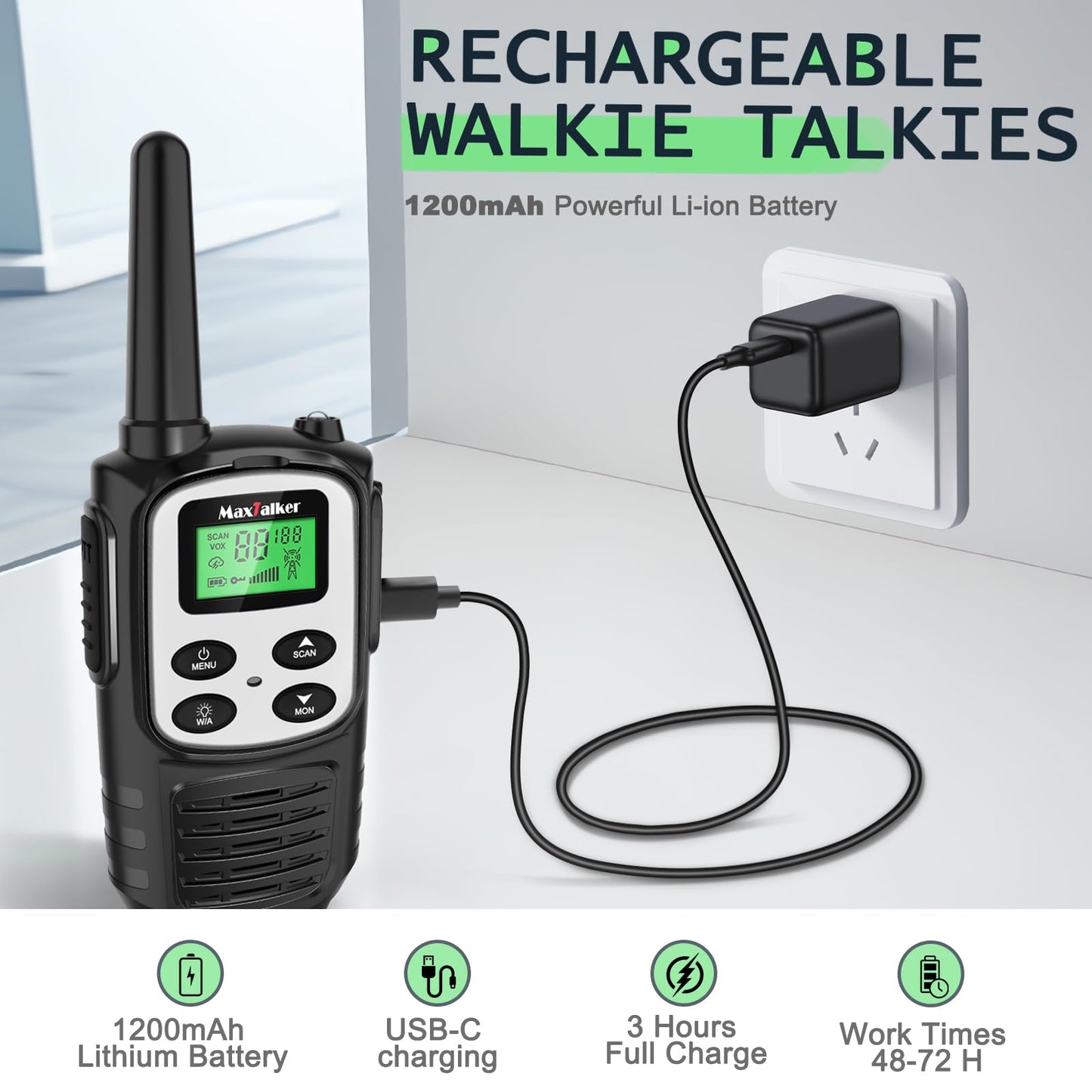 Walkie Talkies Long Range for Adult, MT10 Rechargeable Walkie Talkies FRS Two Way Radio, NOAA, 1200mAh Li-ion Battery USB-C Cable, LED Flashlight, VOX Walkie Talkie for Hiking Camping 2Pack