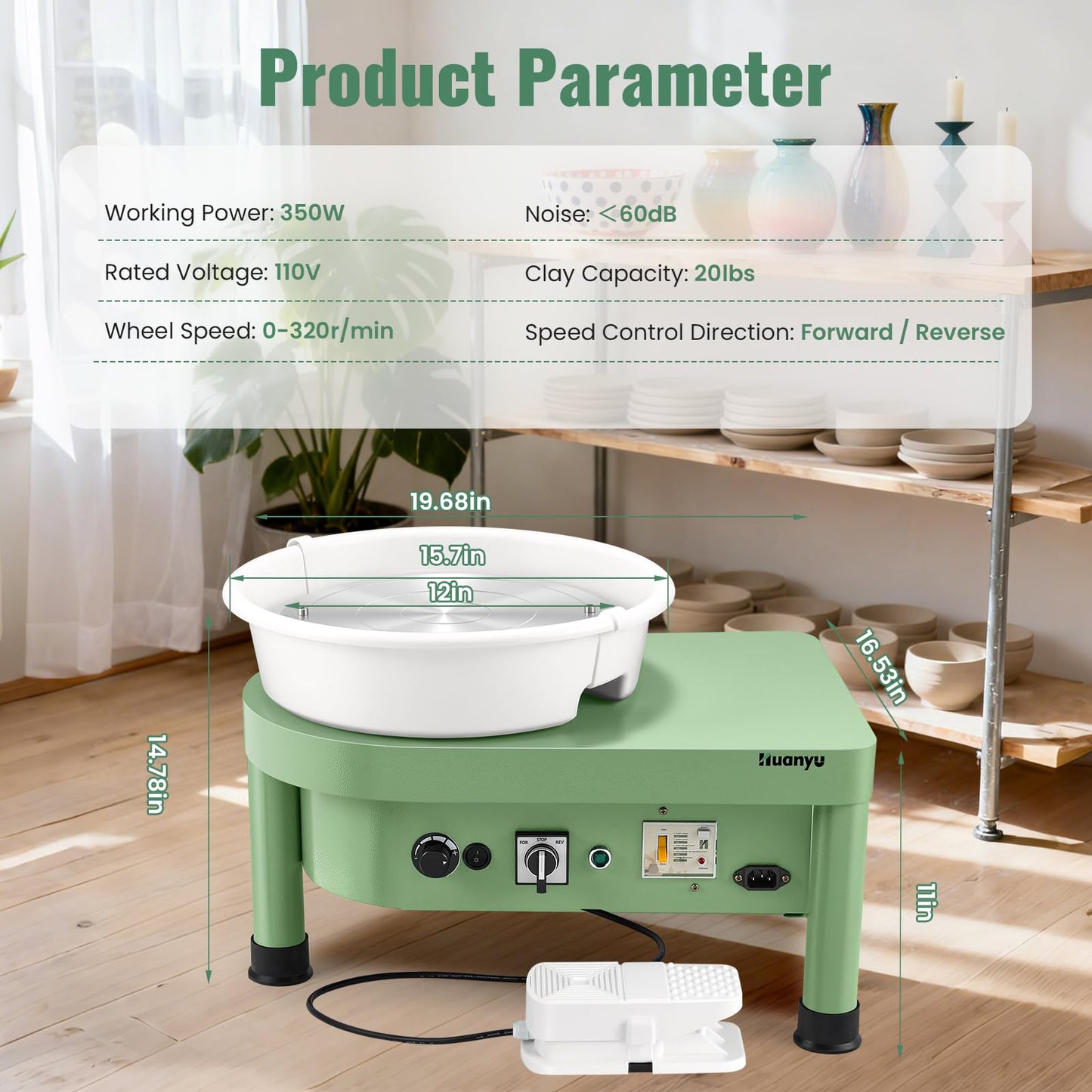 Huanyu Pottery Wheel Machine, 12-Inch Bat System Manual & Foot Pedal Control Electric Ceramic Wheel Forming Machine Art Clay DIY Sculpting Tool Kit (Green)