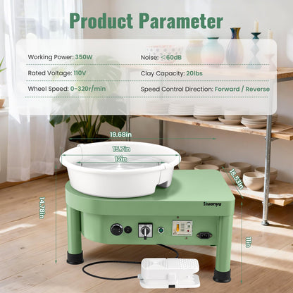 Huanyu Pottery Wheel Machine, 12-Inch Bat System Manual & Foot Pedal Control Electric Ceramic Wheel Forming Machine Art Clay DIY Sculpting Tool Kit (Green)