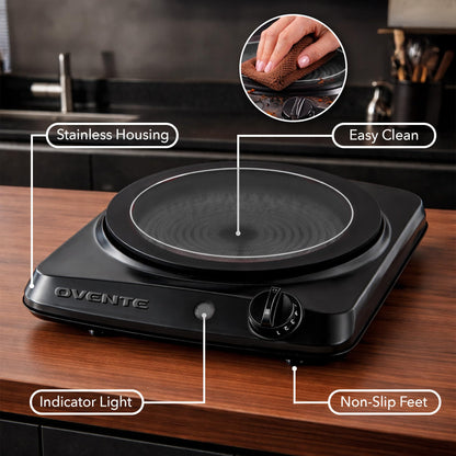 OVENTE Countertop Infrared Single Burner, 1000W Electric Hot Plate with 7” Ceramic Glass Cooktop, 5 Level Temperature Setting & Easy to Clean Base, Compact Stove for Home Dorm Office, Black BGI101B