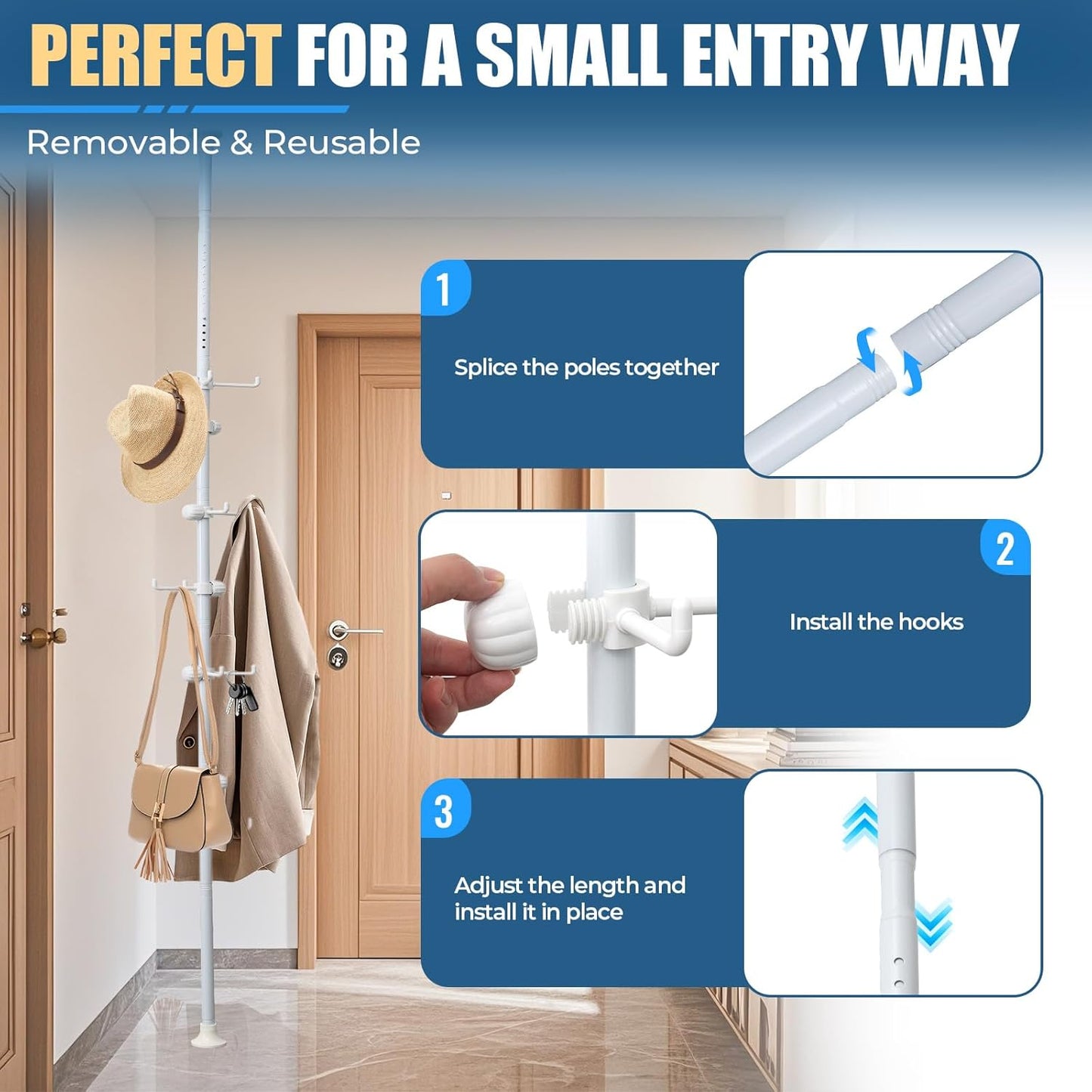 12 Corner Coat Rack - Hook Tension Rod Plant Stand Stainless Steel Organizer for Coats, Towels, Plants & More, No