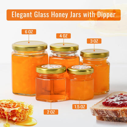 48 Pack 2 oz EkkoVla Hexagon Mini Glass Honey Jars, Small Honey Jars with Golden Lids, Wooden Dipper, Bee Pendants