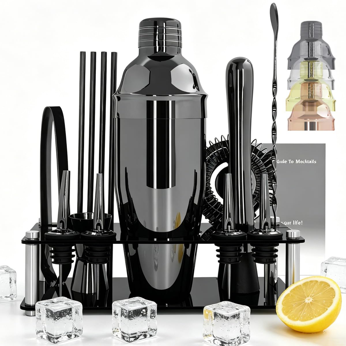 14-Piece Cocktail Shaker Set Bartender Kit with Black Stand, Bar Tool Set for Drink Mixing Bartending Kit Bar Sets Accessories: 750ml(25oz) Shaker, Jigger, Muddler, Cocktail Recipes (Black)