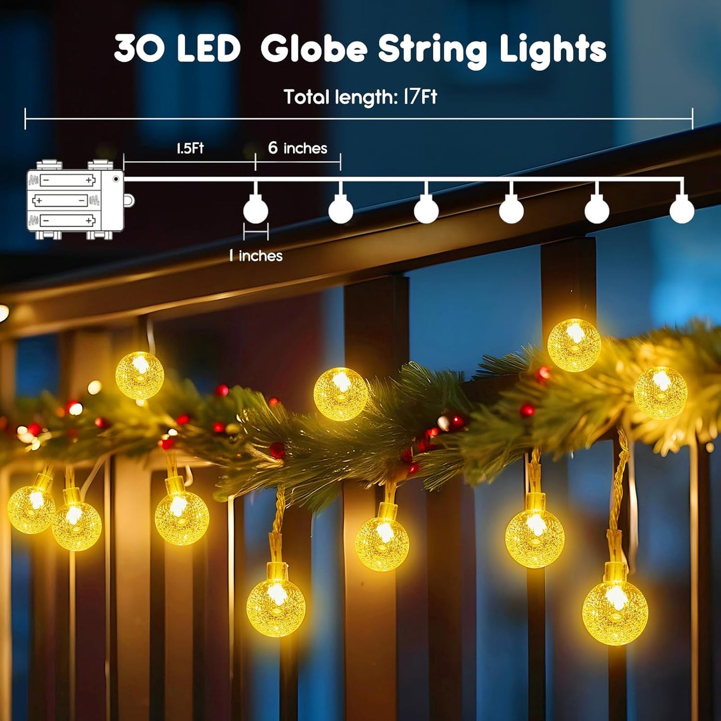 Minetom Crystal Globe String Lights - 30 LED Waterproof Fairy Lights with Remote | 17 ft Warm White for Party Decor