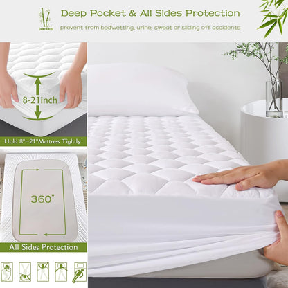 21" GRT Queen Mattress Protector Waterproof, Rayon from Bamboo, Cooling Quilted Fitted Mattress Pad, Noiseless
