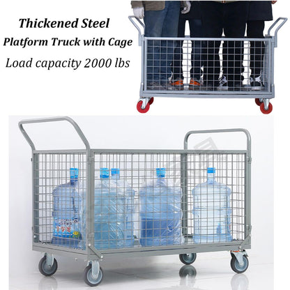 Foldable Platform Hand Truck Cart with Cage, 2000 LBS Heavy Duty Capacity, Multi-Functional Push Cart for Supermarkets and Warehouse Transport