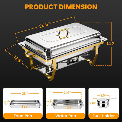 POWERFUEL Chafing Dishes for Buffet, 4 Pack 9QT Large Full Size Gold Chafing Dish Set, Rectangular Chafing Pans with 4 Gold Tongs, Stainless Steel Food Warmer for Party, Catering, Wedding