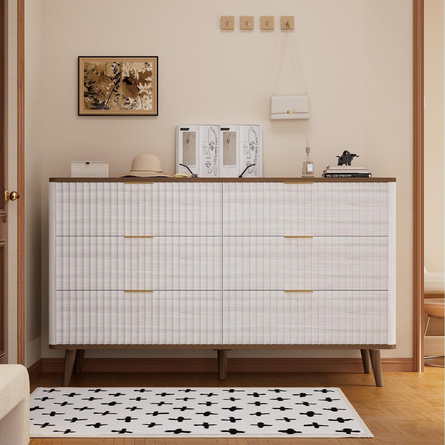 Mapleyard Fluted 6 Drawers Dresser, 47" Wide Wooden Chest of Drawers, Modern Mid Century Storage Closet Long Large Dresser for Bedroom, Living Room,Hallway, Entryway, Nursery Room, Beige + Walnut
