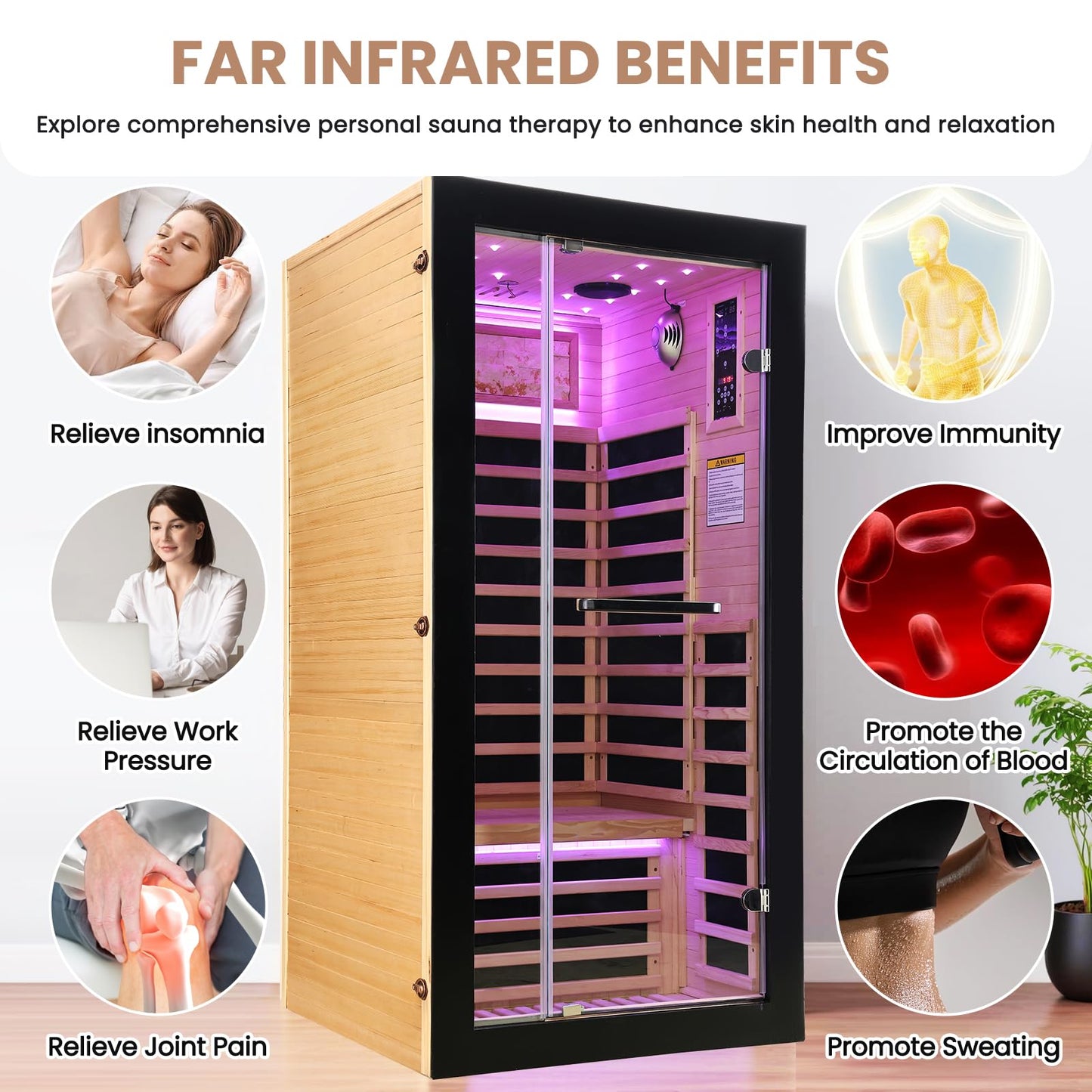 OUTEXER One Person Sauna Far Infrared Saunas Room Canadian Hemlock 1450W Dry Saunas Spa with 7 Starry Sky Light 35.4 * 35.4 * 70.8inch