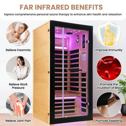 OUTEXER One Person Sauna Far Infrared Saunas Room Canadian Hemlock 1450W Dry Saunas Spa with 7 Starry Sky Light 35.4 * 35.4 * 70.8inch