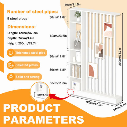 Wall Room Divider, Freestanding Wood Room Divider Shelf with Shelves, Divider Screen Separator Screen with Storage, Wall Divider for Room Separation, for Home Office Decorative(White,47.2IN)