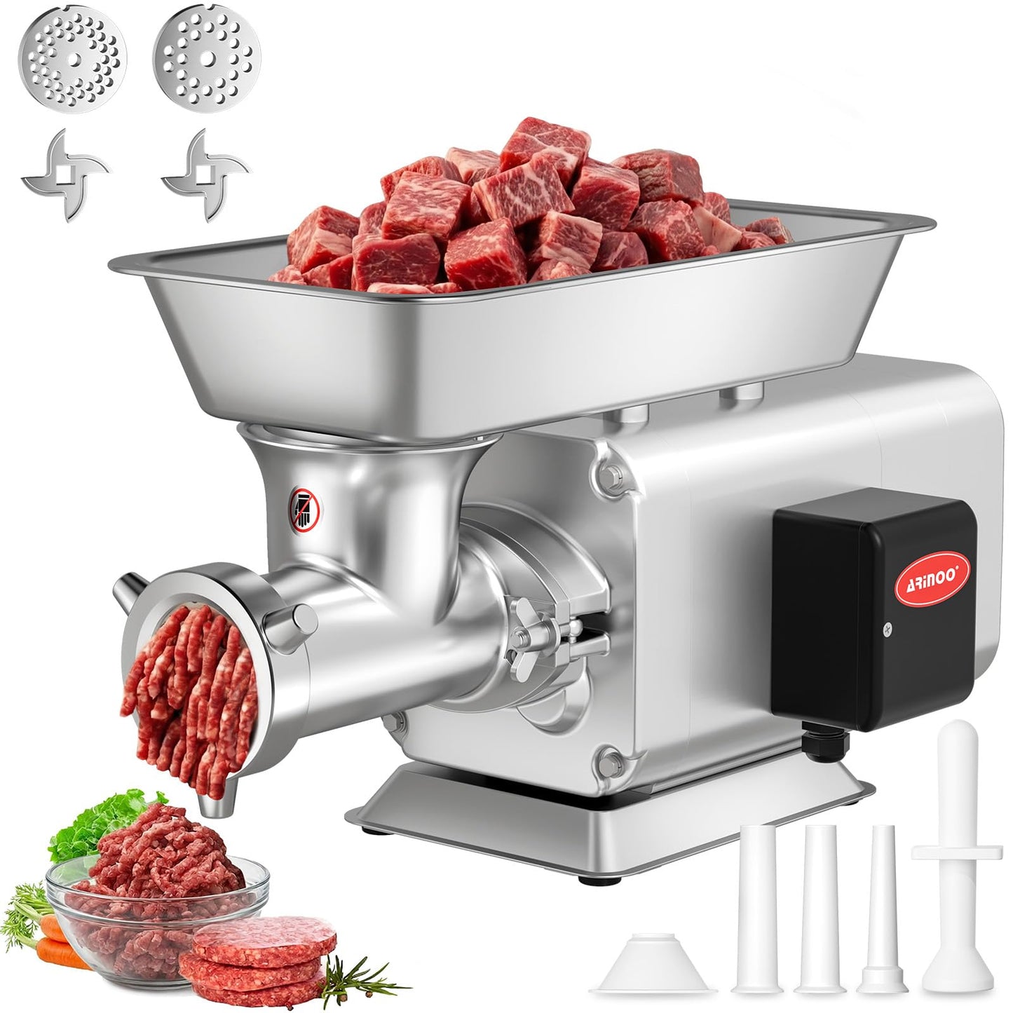 ARINOO Electric Meat Grinder, Grinds Chicken Bones, 1.5 HP Heavy Duty Stainless Steel Commercial #12 Meat Mincer Machine with 2 Plates, 2 Blades and 3 Sausage Tubes for Home Use, 7 Lbs/Min