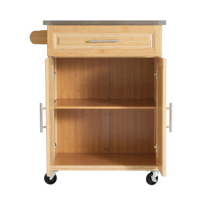 Christopher Knight Home ZAH Bamboo Rolling Cart with Drawers, Kitchen Bar Cart on Wheels with Stainless Steel Top, Mobile Rolling Kitchen Cart Storage Cabinet, Serving Cart, 29.13'' x 18.5'', Natural