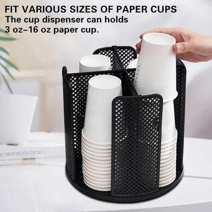 Black Rotated Cup and Lid Dispenser, Paper Cup Holder for Countertop with 4 Compartments for Coffee Station