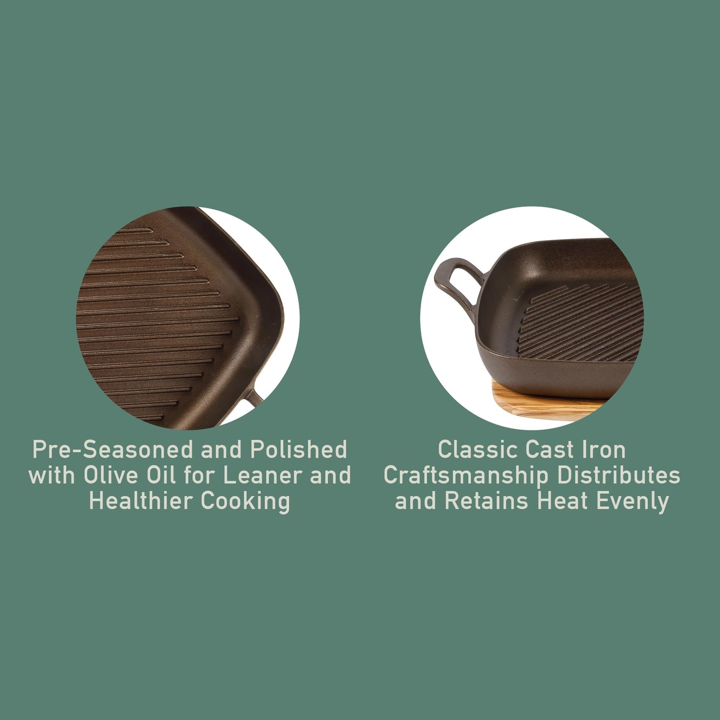 Bloomhouse - Two Time Oprah's Favorite Things Winner - Natural Bronze Finish 12" Square Cast Iron Grill Pan – Olive Oil Treated Surface w/Dual Handles & Olive Wood Trivet, Oven Grill Campfire Safe