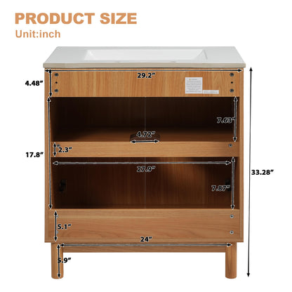 Merax 29.9" Bathroom Vanity with Ceramic Sink, Solid Wood Legs, MDF Cabinet, U-Shaped Adjustable Shelf, Space-Saving Bathroom Storage Cabinet, Traditional American Style