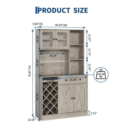IDEALHOUSE 72 Inch Tall Kitchen Pantry Cabinet with Power Outlet - Wine Bottle Rack, Barn Doors, Ample Storage, Modern Sideboard Buffet for Dining Room, Kitchen, or Home Bar