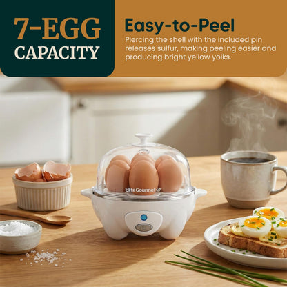 Elite Gourmet EGC-007## Rapid Egg Cooker, 7 Easy-To-Peel, Hard, Medium, Soft Boiled Eggs, Poacher, Omelet Maker, Auto Shut-Off, Alarm, 16-Recipe Booklet, White