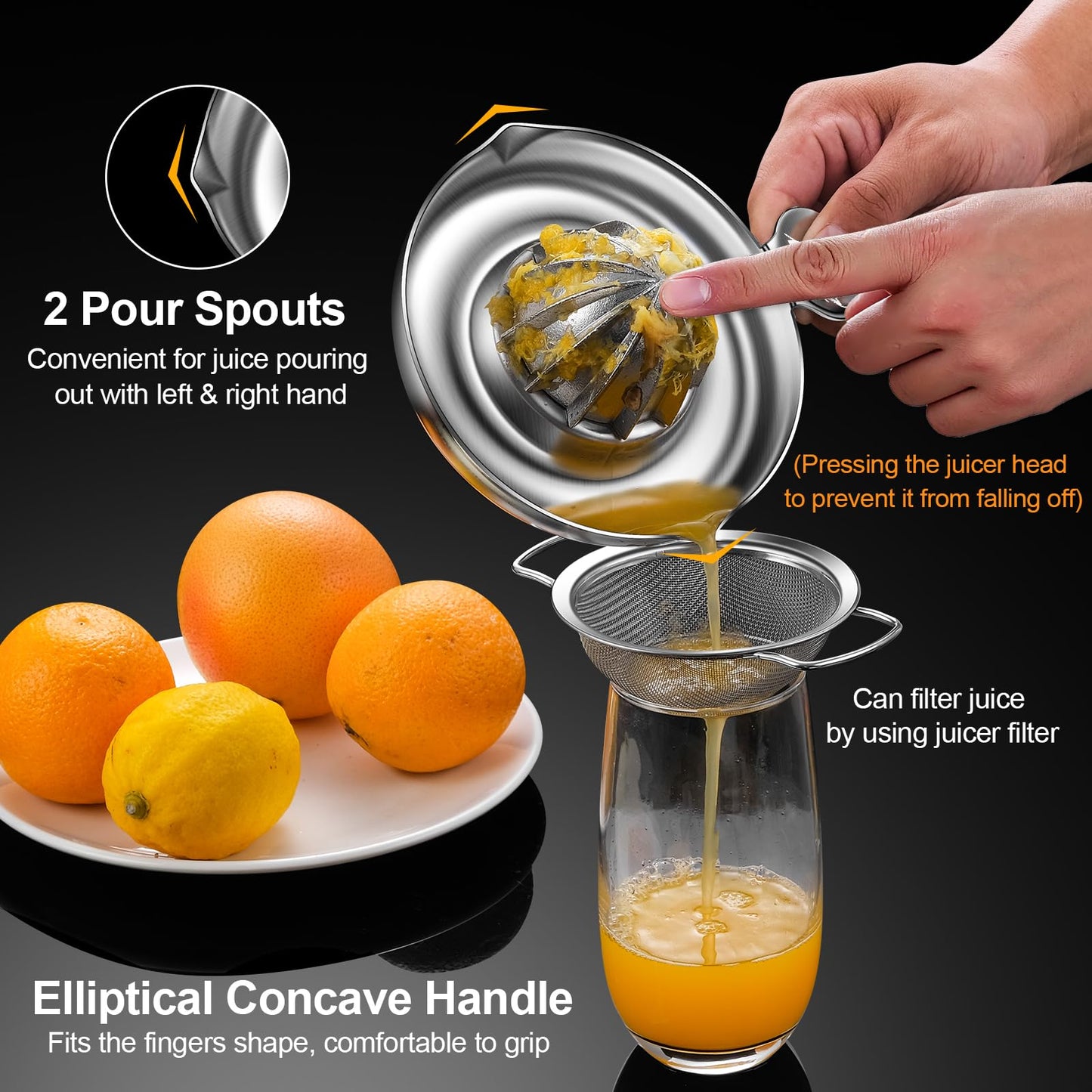ZIGNTY Lemon Squeezer Stainless Steel, Heavy Duty Hand Manual Citrus Juicer, Premium Orange Lime Fruit Squeezer, Robust Reamer Rotation 2 Pour Spout 200ML Container, Dishwasher Safe（5-Year Warranty）