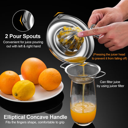 ZIGNTY Lemon Squeezer Stainless Steel, Heavy Duty Hand Manual Citrus Juicer, Premium Orange Lime Fruit Squeezer, Robust Reamer Rotation 2 Pour Spout 200ML Container, Dishwasher Safe（5-Year Warranty）