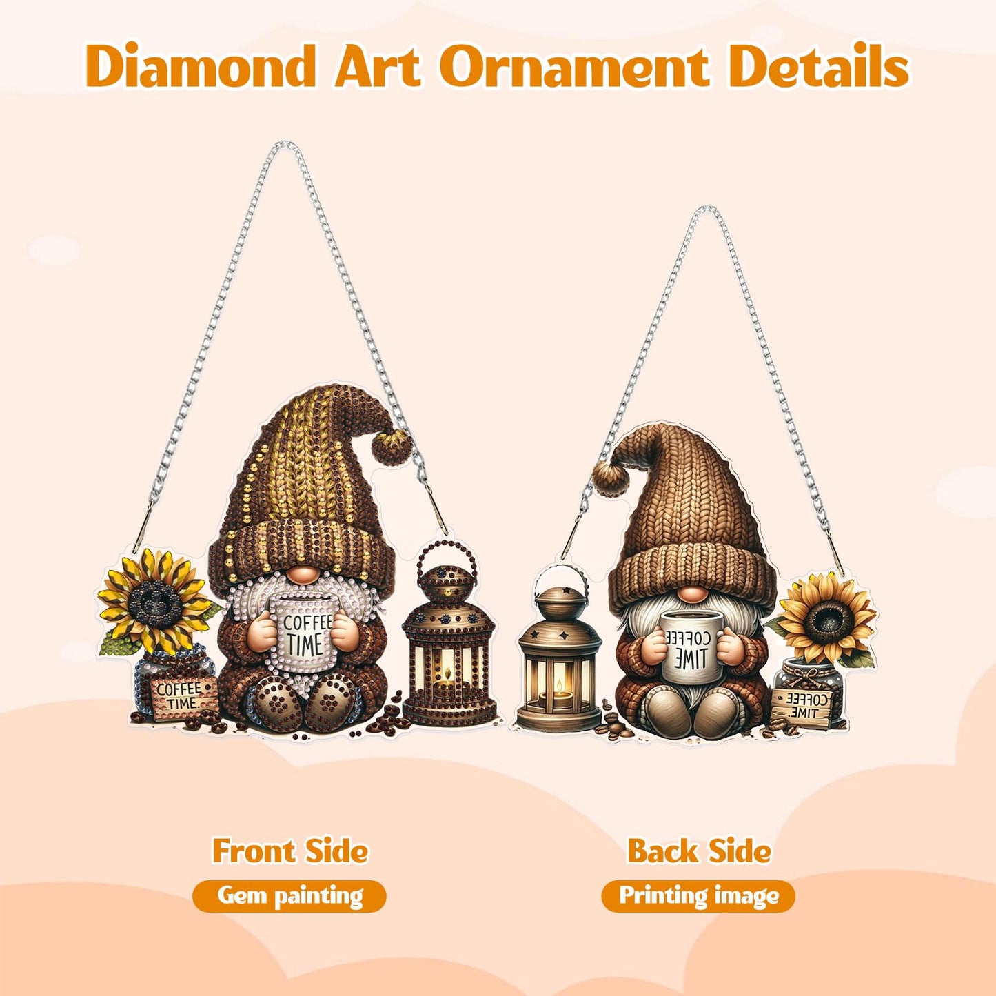GHHKUD Gnome Diamond Art Hanging Kit for Adults, DIY Double Sided Diamond Arts Painting Hanging Coffee Time, Special Shaped Acrylic Ornaments Pendants for Window Home Garden Wall